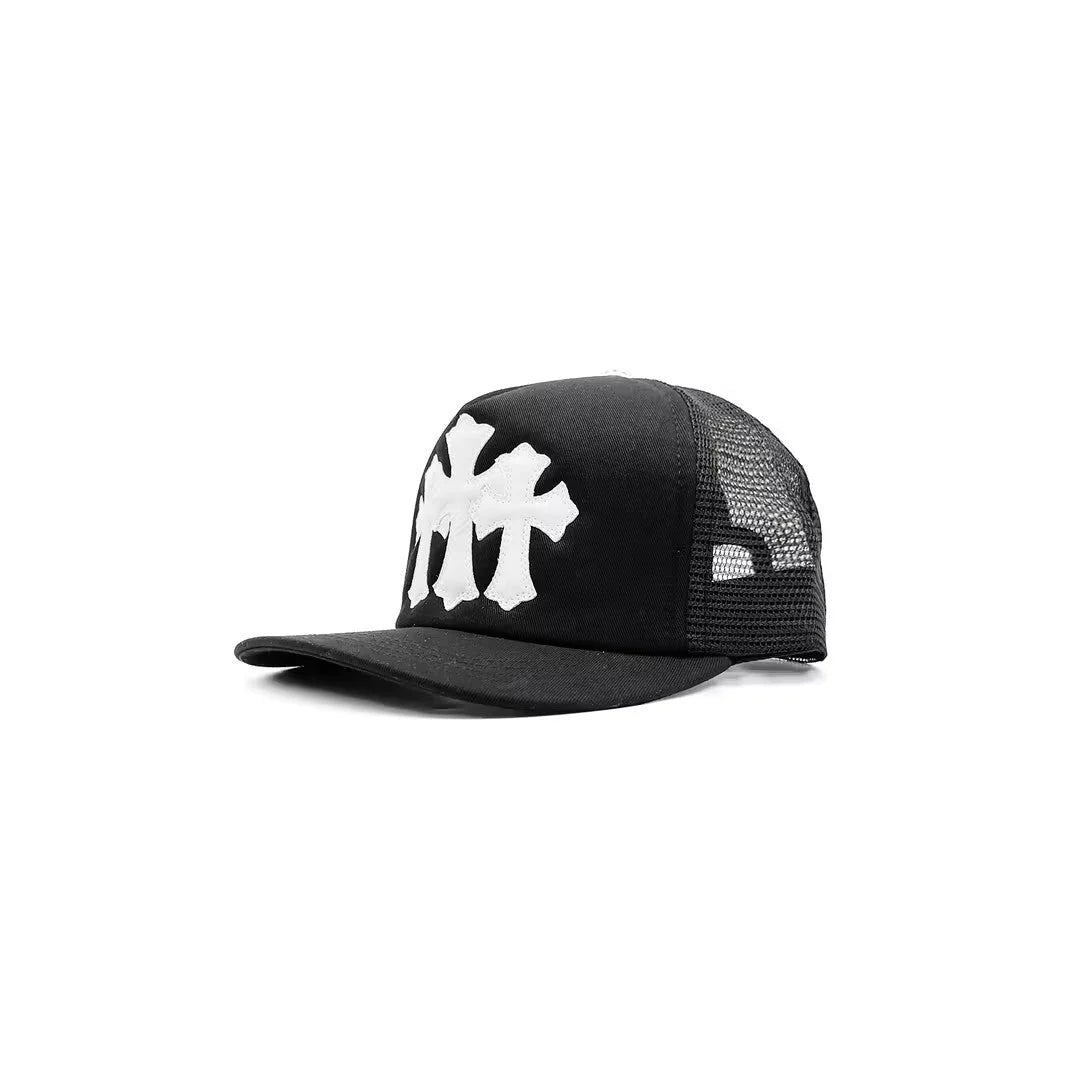 Triple Cross Patch Trucker Hat Black/White